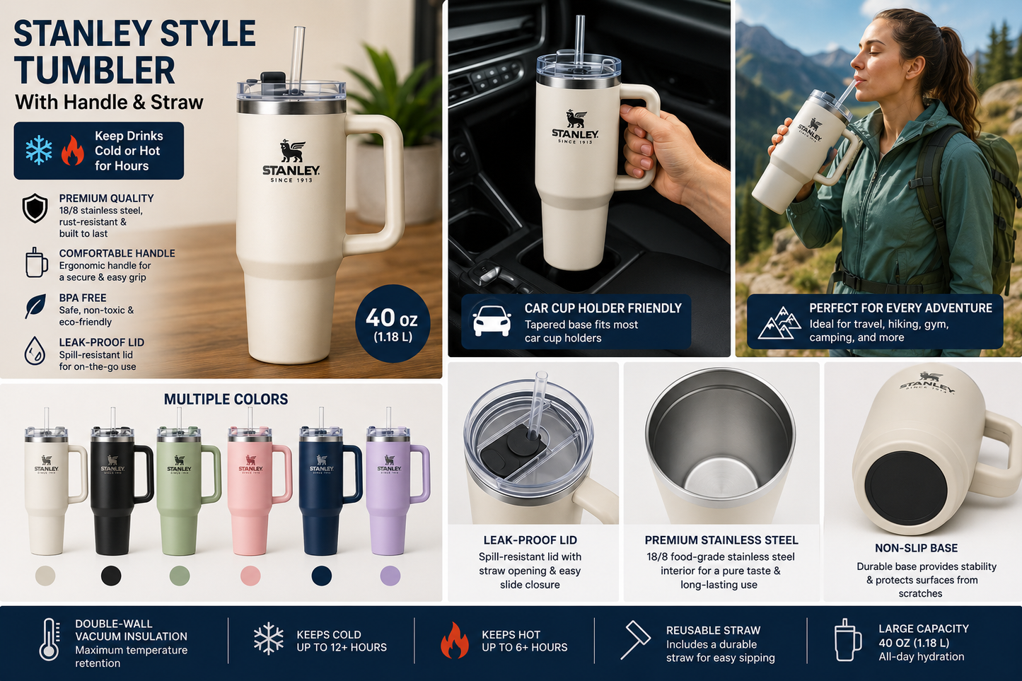 Stanley Style Tumbler With Handle & Straw